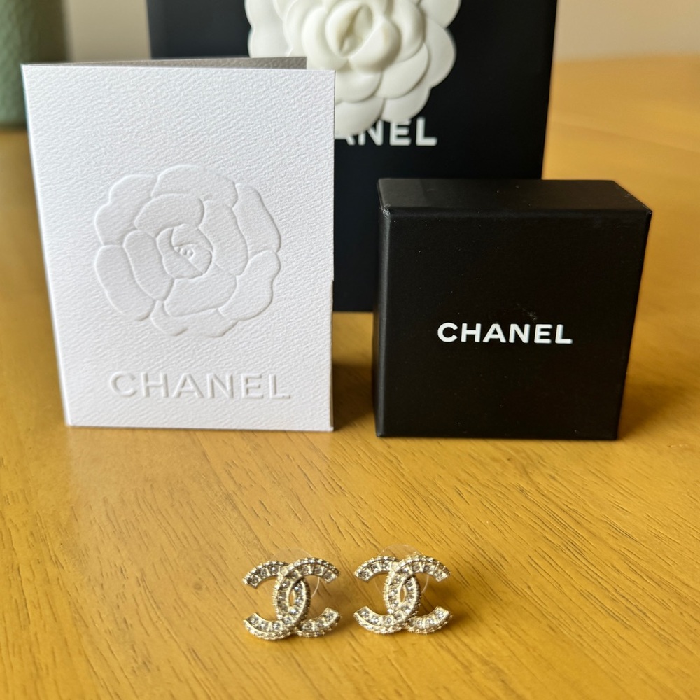 Chanel CC pave stud earrings in champagne gold